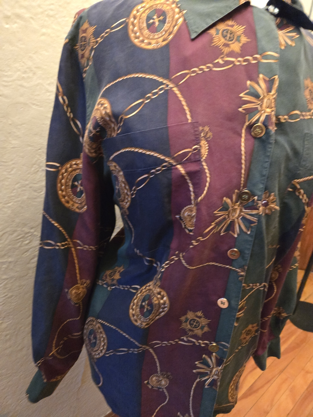 Vintage 100% Silk Button Up Shirt Equestrian Chain Print Ralph Lauren Style - Picture 9 of 10